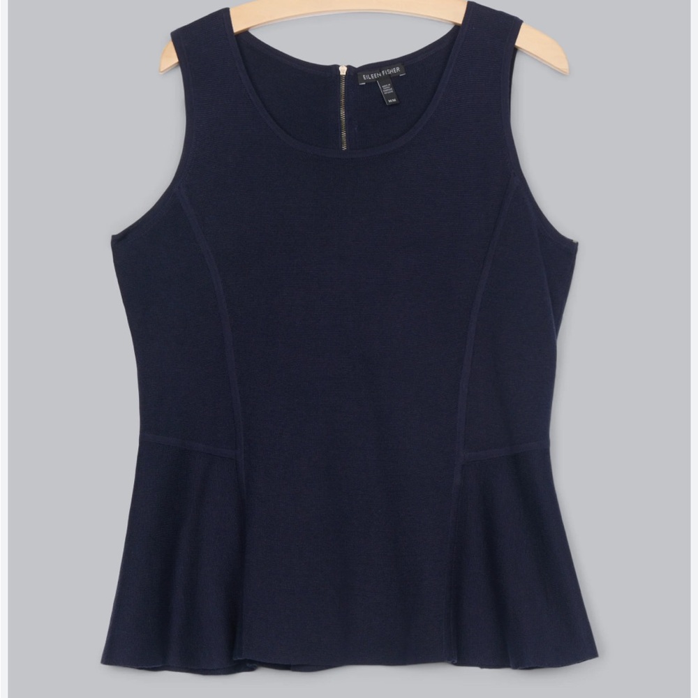 Eileen Fisher Silk-Cotton Navy Sleeveless Peplum Knit Tank